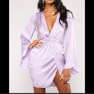 NWOT: Lavender satin dress with long bell sleeves